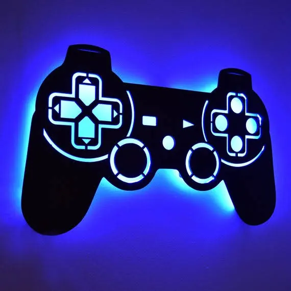 A game-controller sign glowing blue