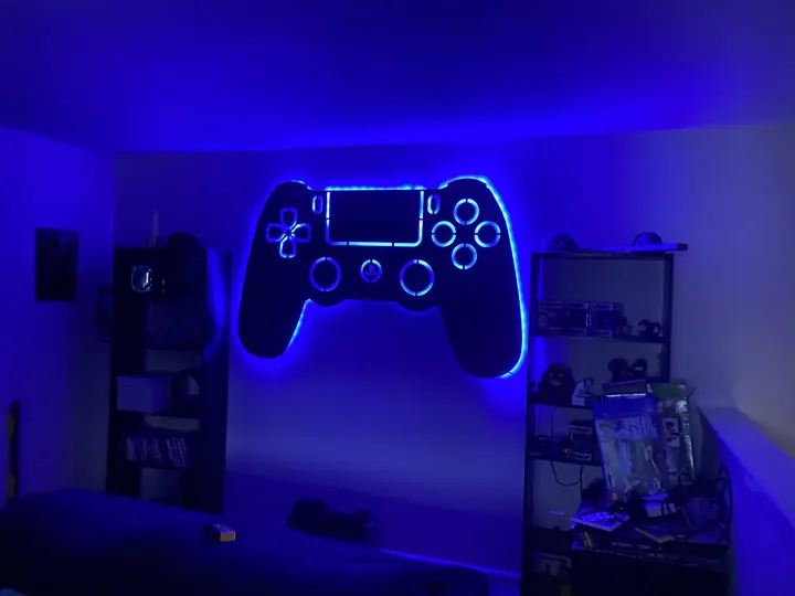 The controller sign lighting a room in blue