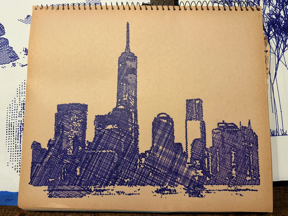 The finished sheet: New York, cross-hatched, in blue ink
