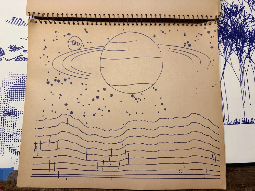 The finished sheet: Spacescape, in blue ink